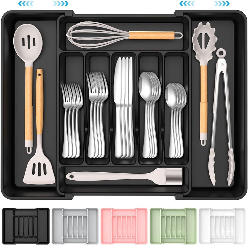ukeetap Extra Large Expandable Silverware Organizer, BPA-Free Food-Safe Cutlery Flatware Organizer, Kitchen Utensil Drawer Organizer, Adjustable Silverware Holder for Spoons Forks Knives, Black - Image 1